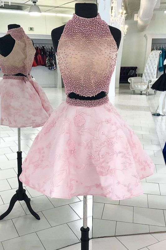 Pink two pieces beads lace short prom dress. pink homecoming dress