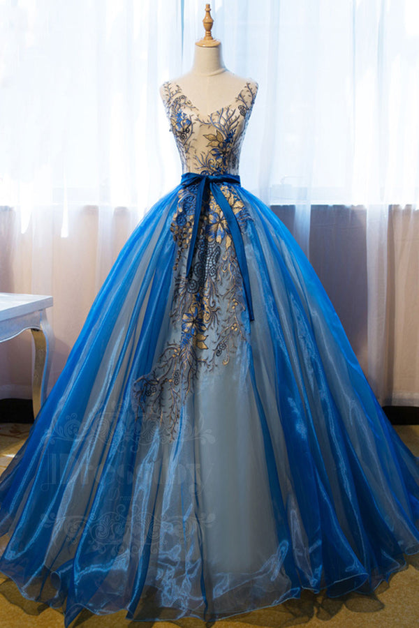 Unique v neck blue embroidery long prom dress, sweet 16 dress