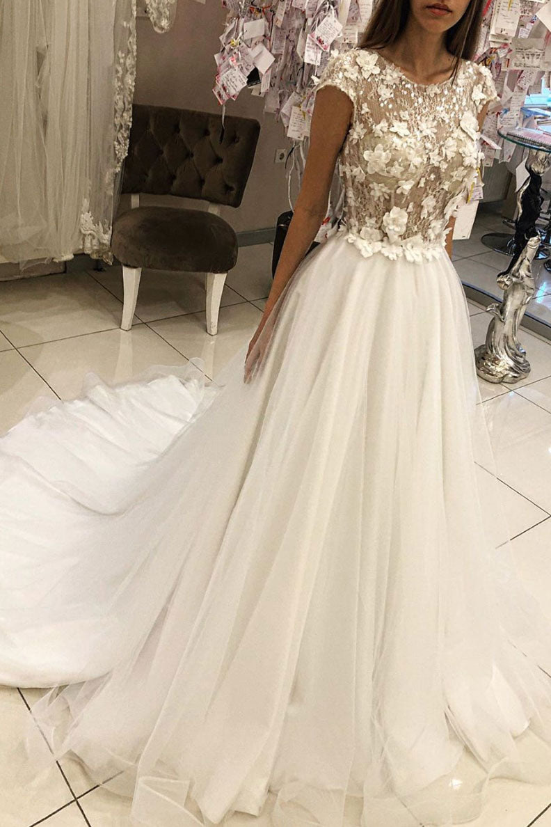 White round neck tulle lace long prom dress white wedding dress