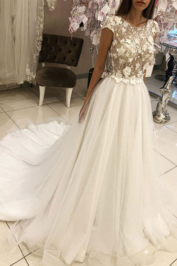 White round neck tulle lace long prom dress white wedding dress