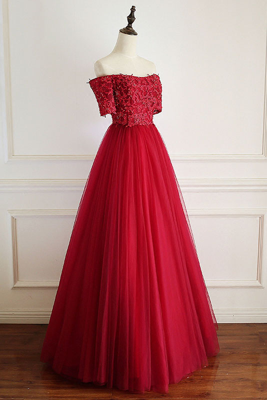 Burgundy tulle lace long prom dress, burgundy tulle evening dress