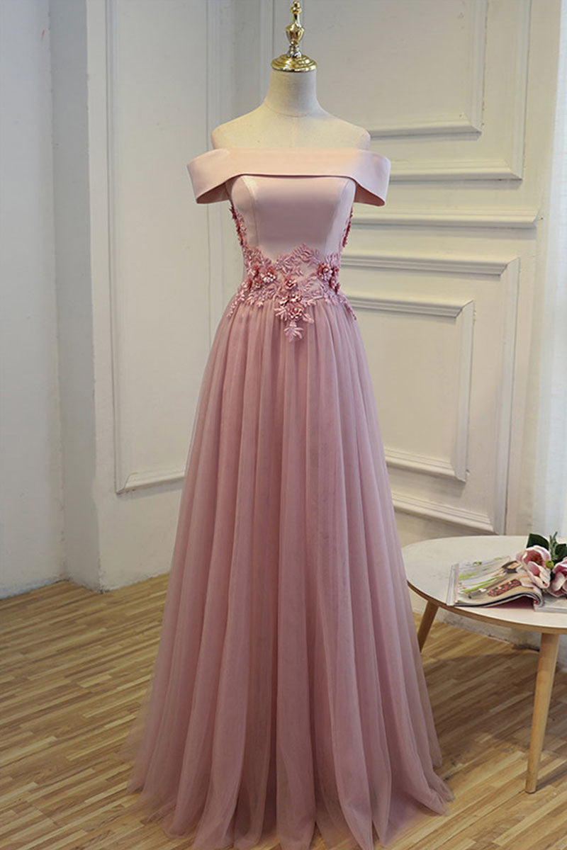 A-line off shoulder tulle long prom dress, tulle bridesmaid dress