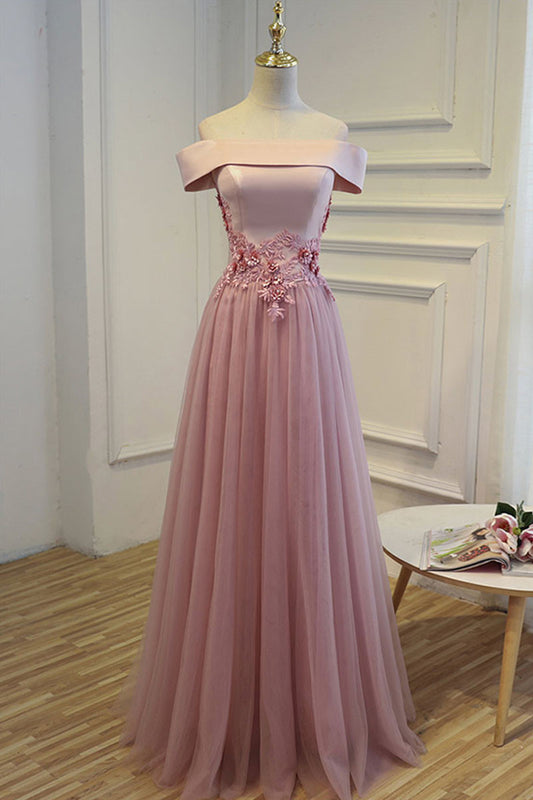 A-line off shoulder tulle long prom dress, tulle bridesmaid dress