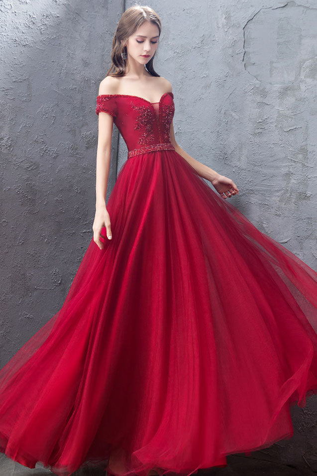 Burgundy tulle off shoulder long prom dress, burgundy evening dress