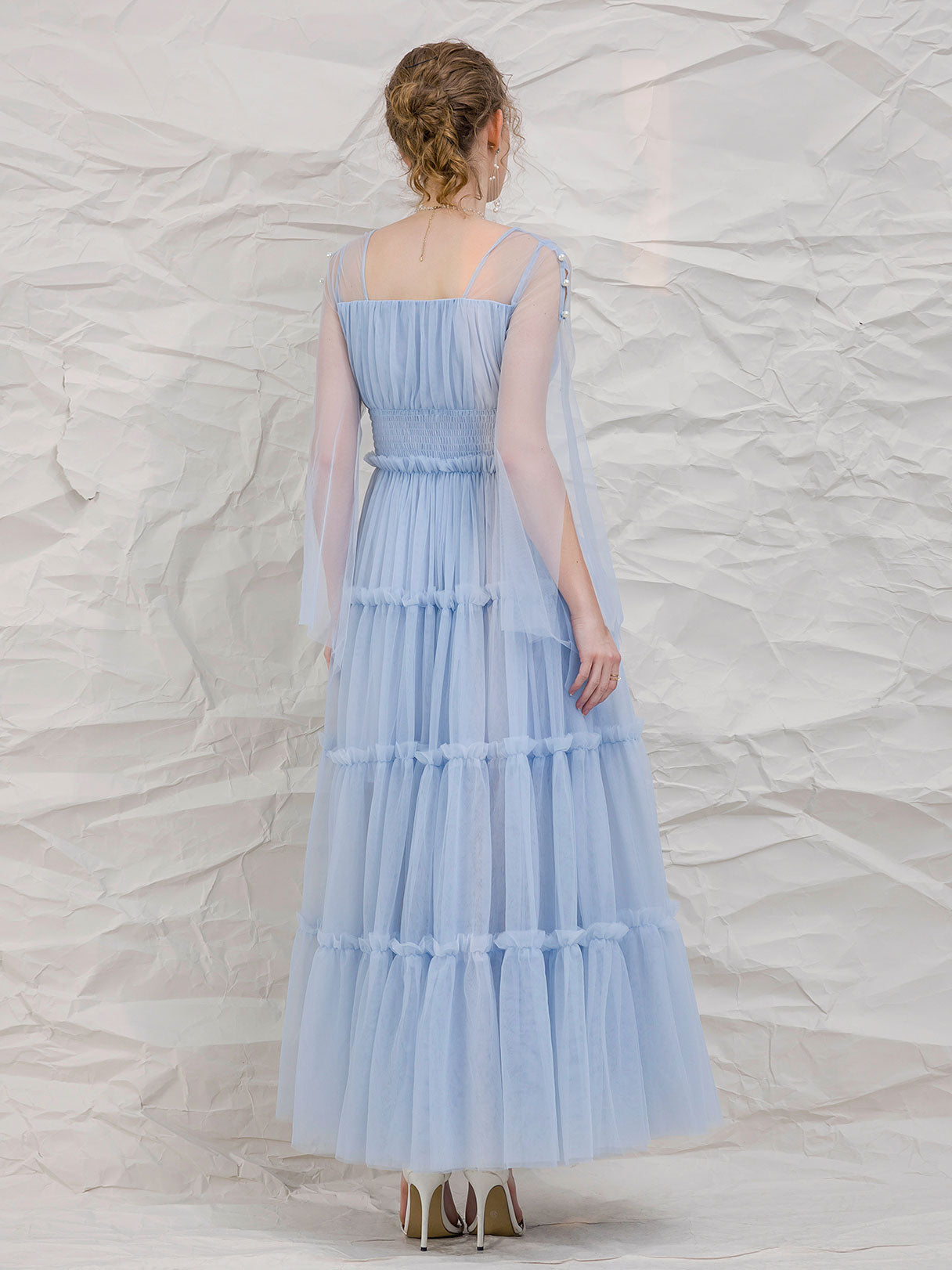 Blue tulle tea length prom dress, blue tulle formal evening dress