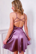 Simple purple v neck satin short prom dress homecoming dress
