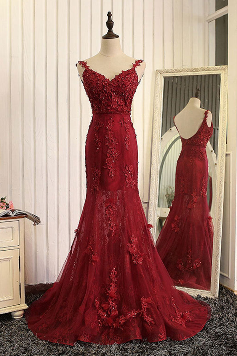 Red mermaid lace long prom dress, lace mermaid evening dress