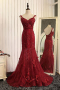 Red mermaid lace long prom dress, lace mermaid evening dress