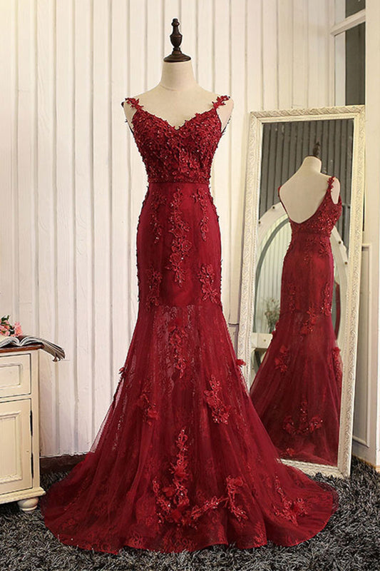 Red mermaid lace long prom dress, lace mermaid evening dress