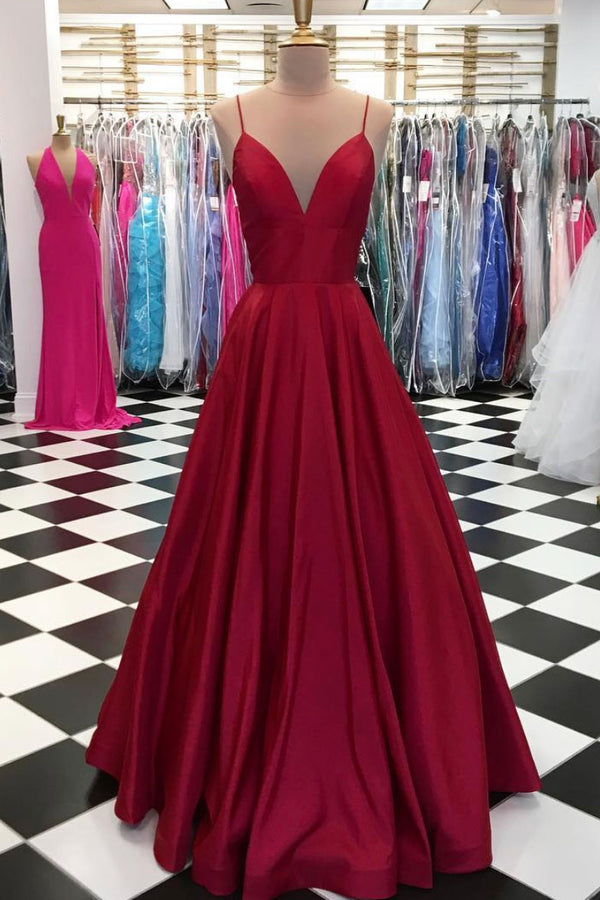 Simple v neck burgundy long prom dress, burgundy evening dress
