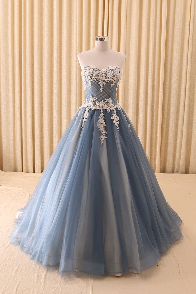 Blue sweetheart neck lace tulle long prom dress, blue tulle evening dress