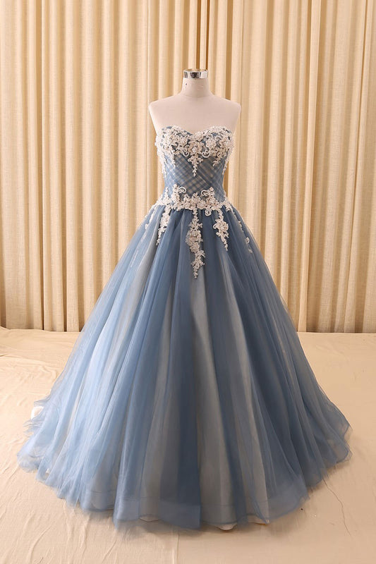 Blue sweetheart neck lace tulle long prom dress, blue tulle evening dress