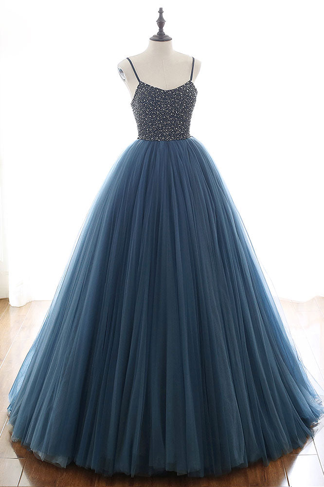 Blue tulle sequin long prom dress, blue tulle long evening dress