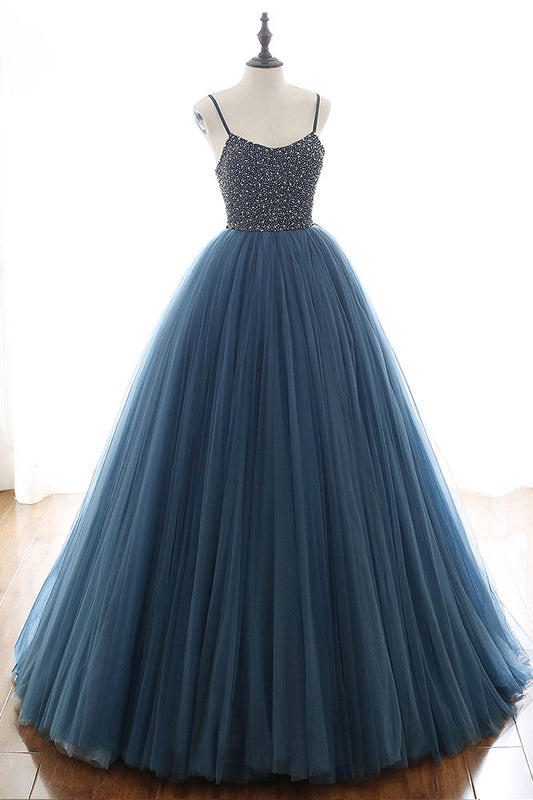 Blue tulle sequin long prom dress, blue tulle long evening dress
