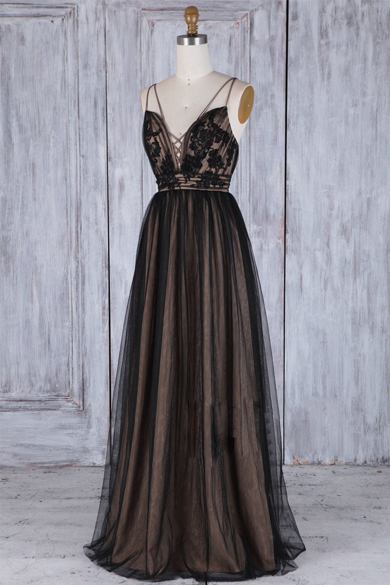 Black v neck lace tulle long prom dress, black bridesmaid dress