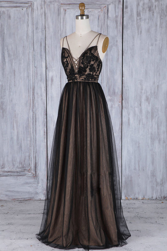 Black v neck lace tulle long prom dress, black bridesmaid dress