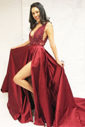 Burgundy v neck lace satin long prom dress, burgundy evening dress