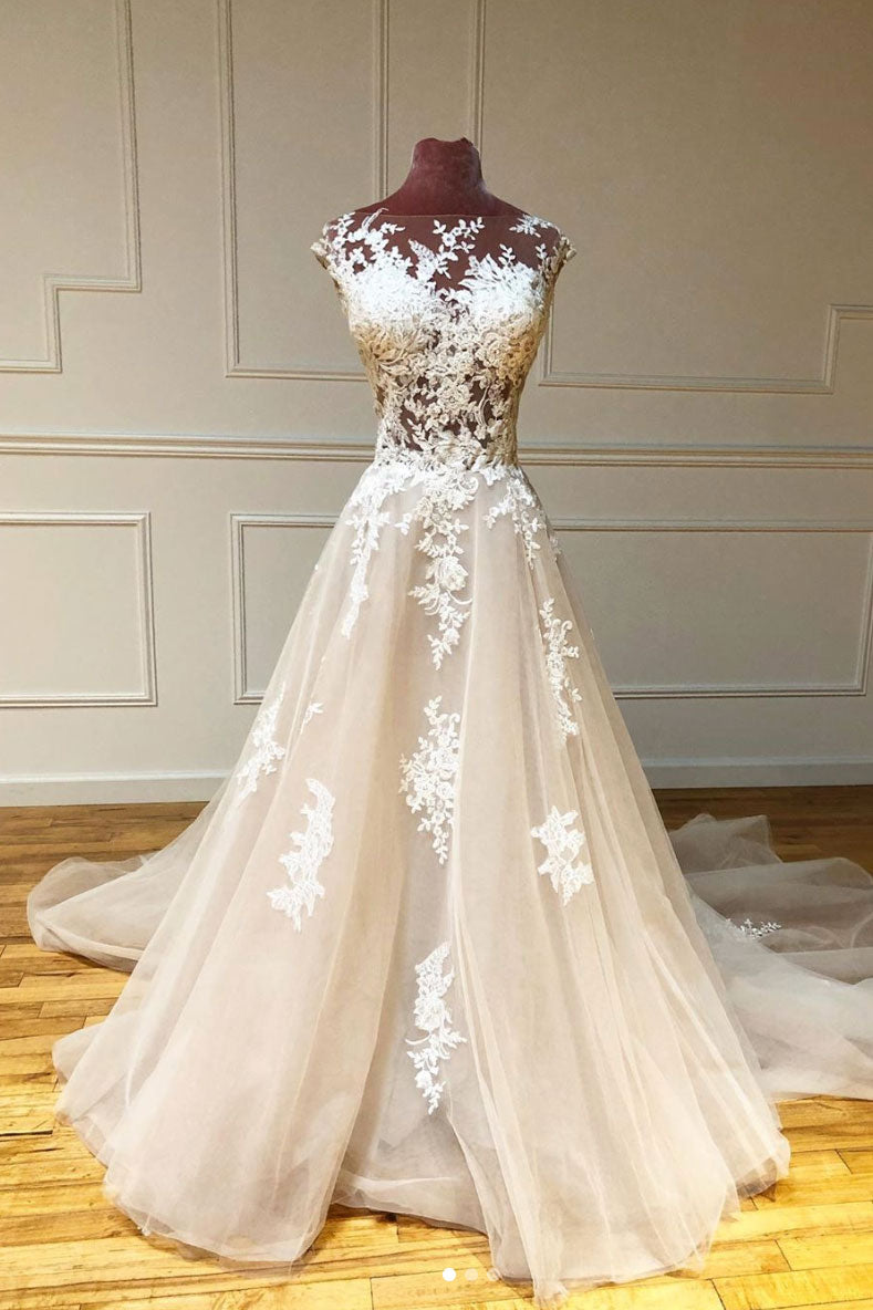 Champagne tulle lace long prom dress tulle lace evening dress