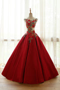 Burgundy round neck lace applique long prom dresses