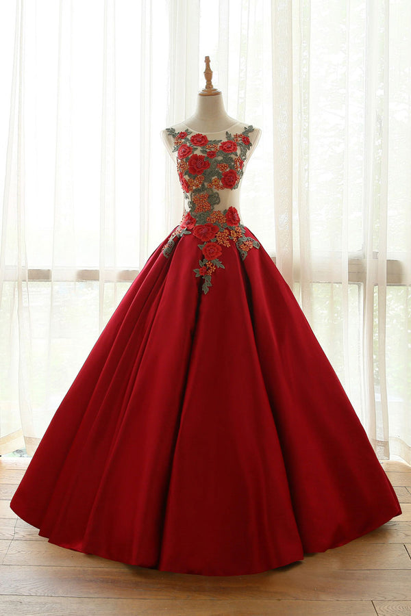 Burgundy round neck lace applique long prom dresses