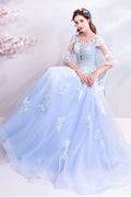 Blue round neck tulle lace long prom dress, blue evening dress