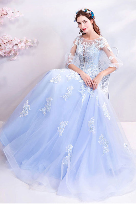 Blue round neck tulle lace long prom dress, blue evening dress