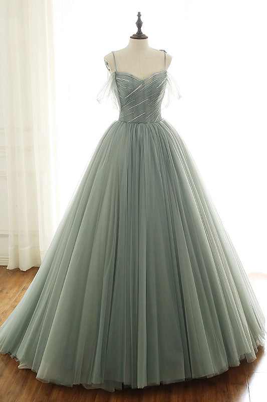 Light green tulle long prom dress, green evening dress