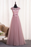 Pink round neck tulle lace applique long prom dress, tulle evening dress