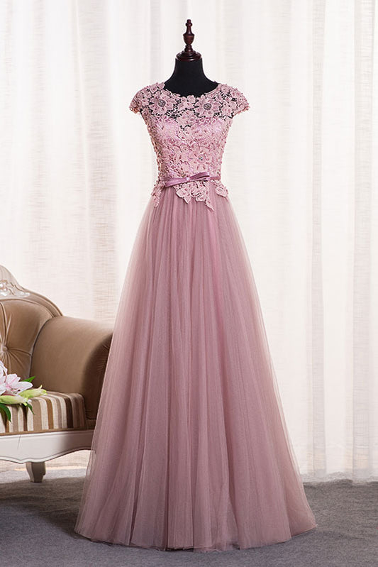 Pink round neck tulle lace applique long prom dress, tulle evening dress