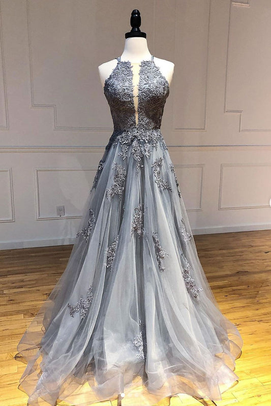 Gray tulle lace long prom dress gray tulle evening dress