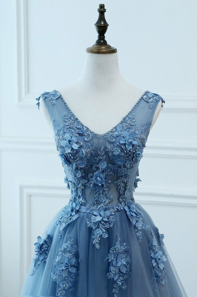 Blue v neck tulle lace long prom dress, blue tulle evening dress