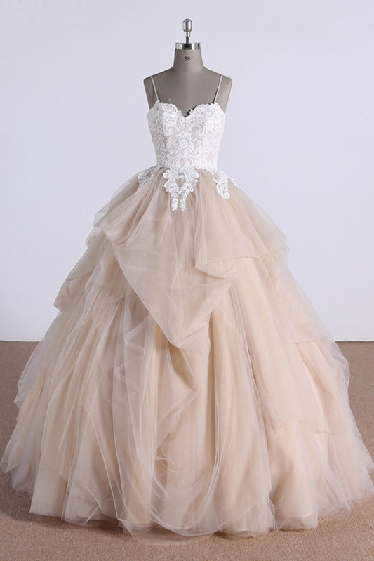 Champagne sweetheart tulle lace long prom dress, tulle formal dress