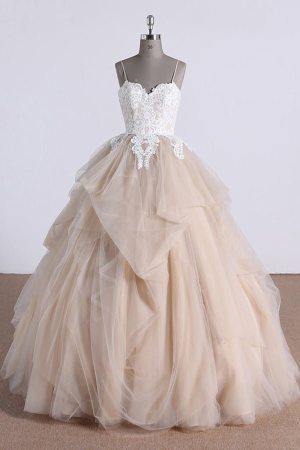 Champagne sweetheart tulle lace long prom dress, tulle formal dress