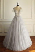 Gray v neck tulle lace applique long prom dress, gray evening dress