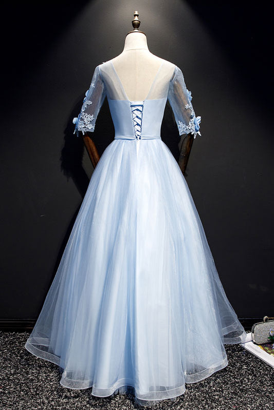 Blue tulle lace long prom dress, blue tulle evening dress