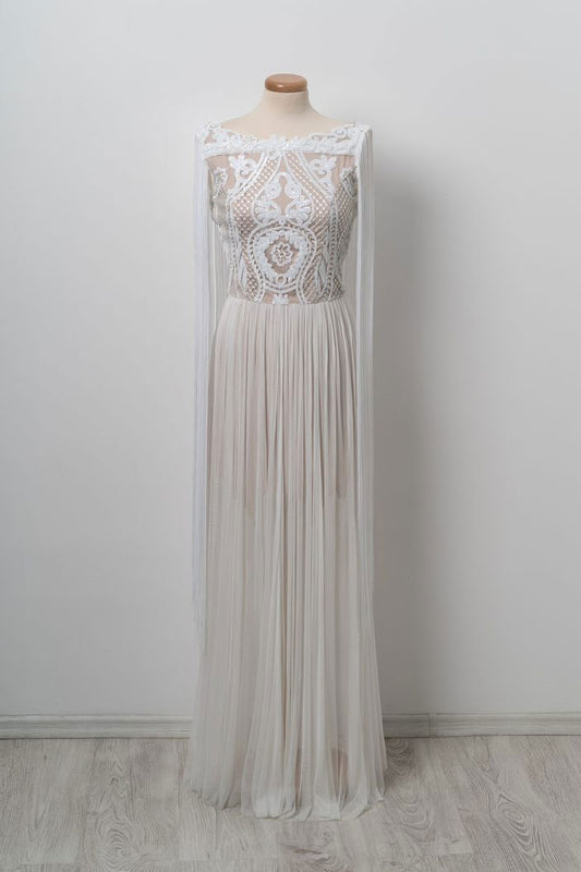 Unique white lace long prom dress, white evening dress