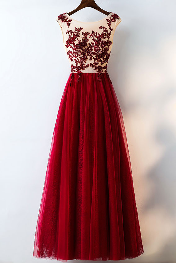 Burgundy tulle lace applique long prom dress, evening dress