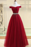 Burgundy tulle off shoulder long prom dress, burgundy evening dress