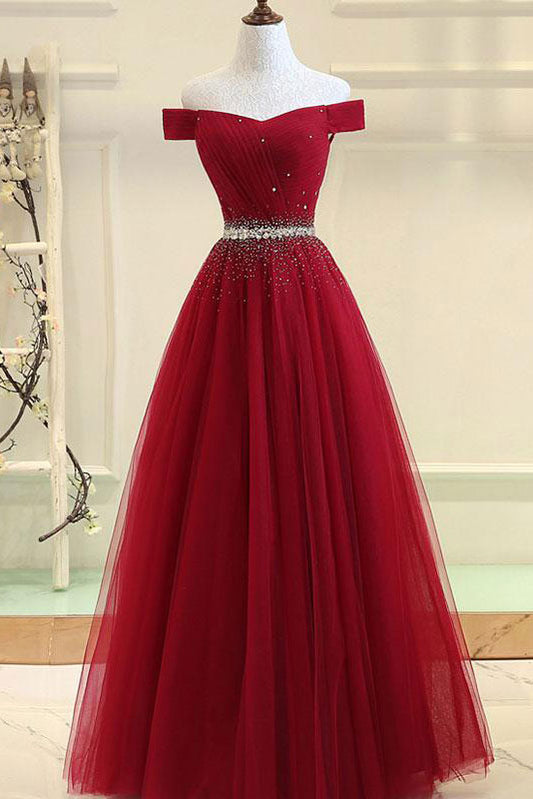 Burgundy tulle off shoulder long prom dress, burgundy evening dress