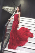 Burgundy v neck lace mermaid long prom dress, burgundy evening dress