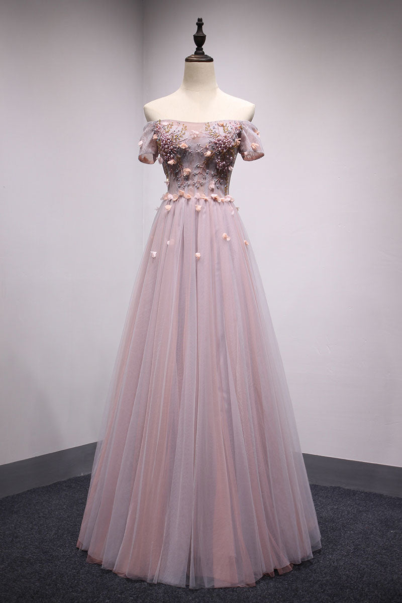 Pink tulle lace long prom dress, pink tulle evening dress