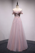 Pink tulle lace long prom dress, pink tulle evening dress