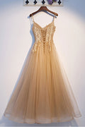 Champagne tulle lace long prom dress tulle lace formal dress