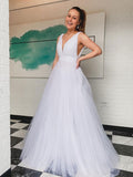 White v neck tulle long prom dress , white tulle formal dress