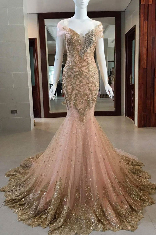 Unique v neck tulle sequin mermaid long prom dress, evening dress