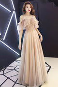Champagne sweetheart tulle lace long prom dress champagne lace formal dress