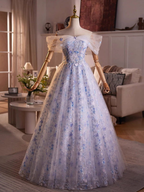 A-Line Off Shoulder Tulle Lace Purple Long Prom Dress, Purple Evening Dress