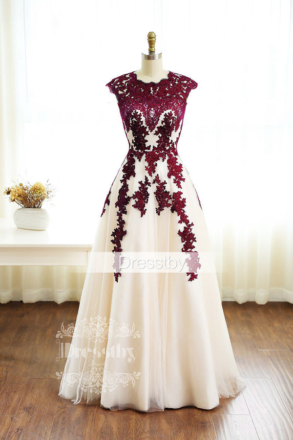 Burgundy lace tulle long prom dress, burgundy bridesmaid dress