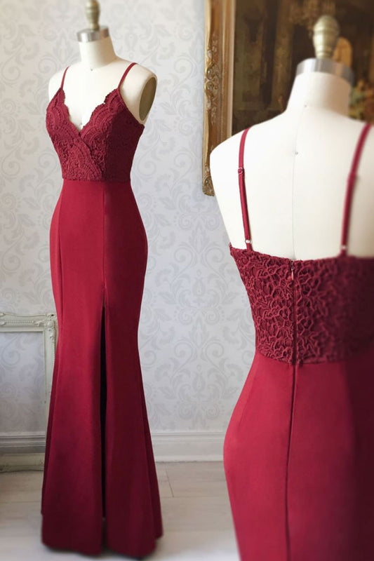 Burgundy v neck lace mermaid long prom dress, burgundy evening dress
