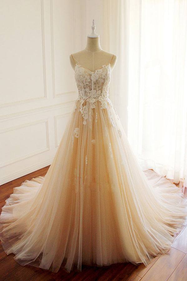 Champagne tulle lace applique long prom dress, champagne evening dress